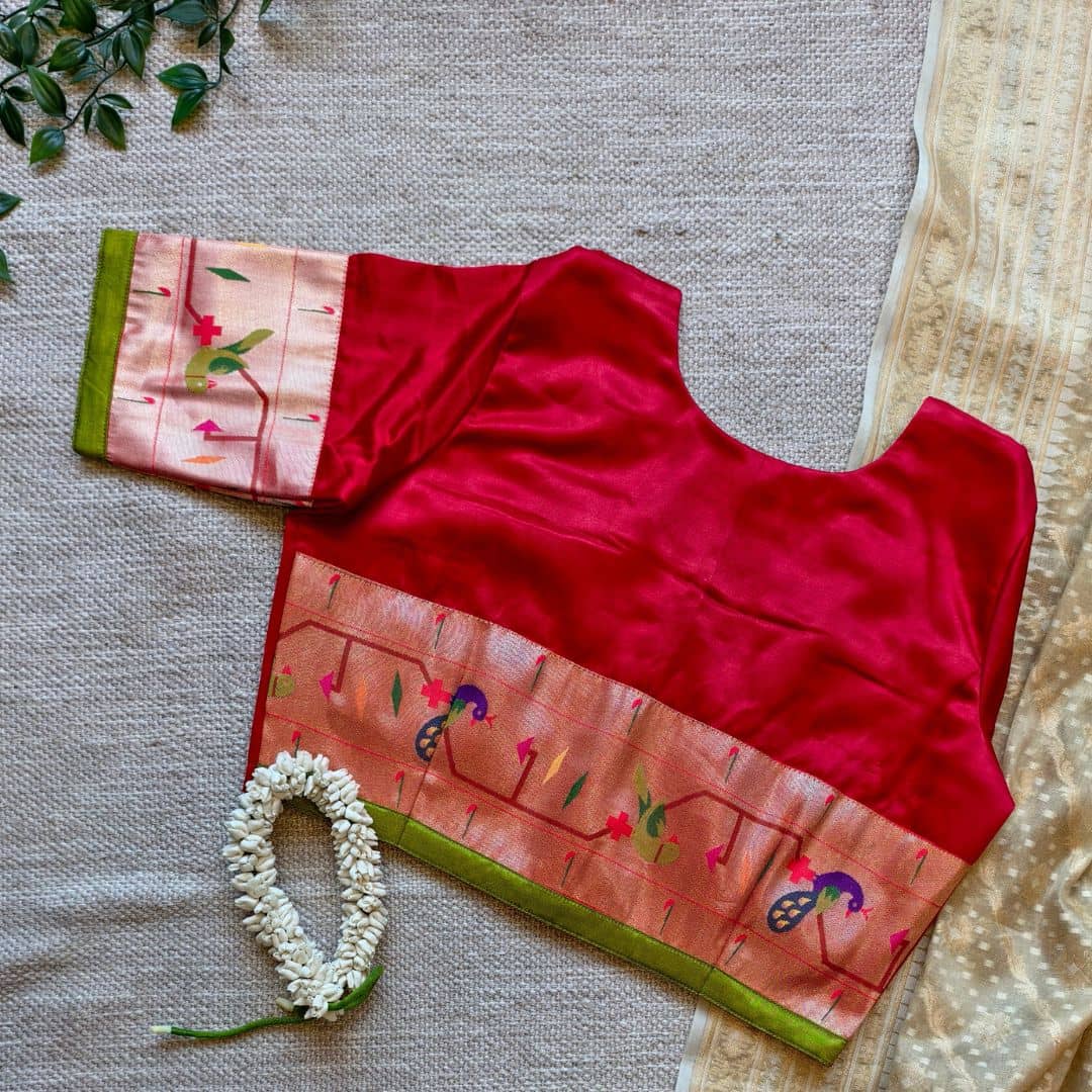 Red Gaji Silk Paithani Border Sleeves Readymade Blouse | Godhuli