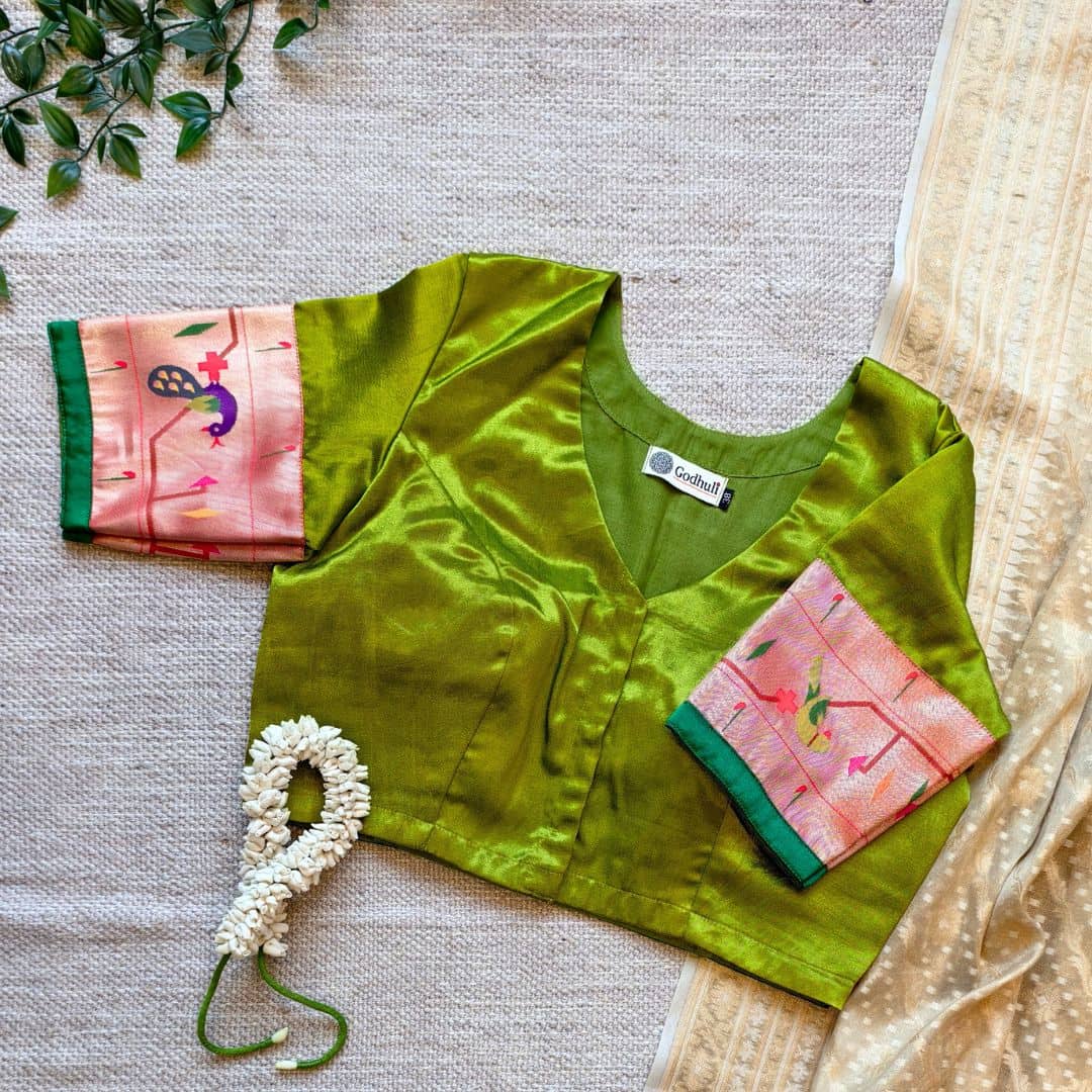Parrot Green Gaji Silk Paithani Border Sleeves Readymade Blouse | Godhuli