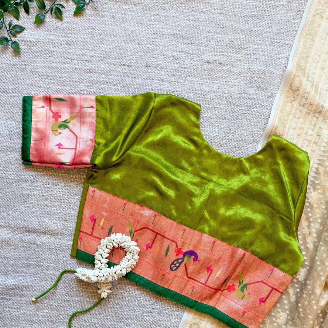 Parrot Green Gaji Silk Paithani Border Sleeves Readymade Blouse | Godhuli