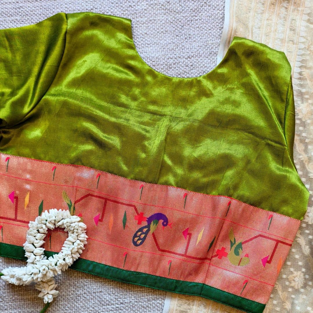 Parrot Green Gaji Silk Paithani Border Sleeves Readymade Blouse | Godhuli