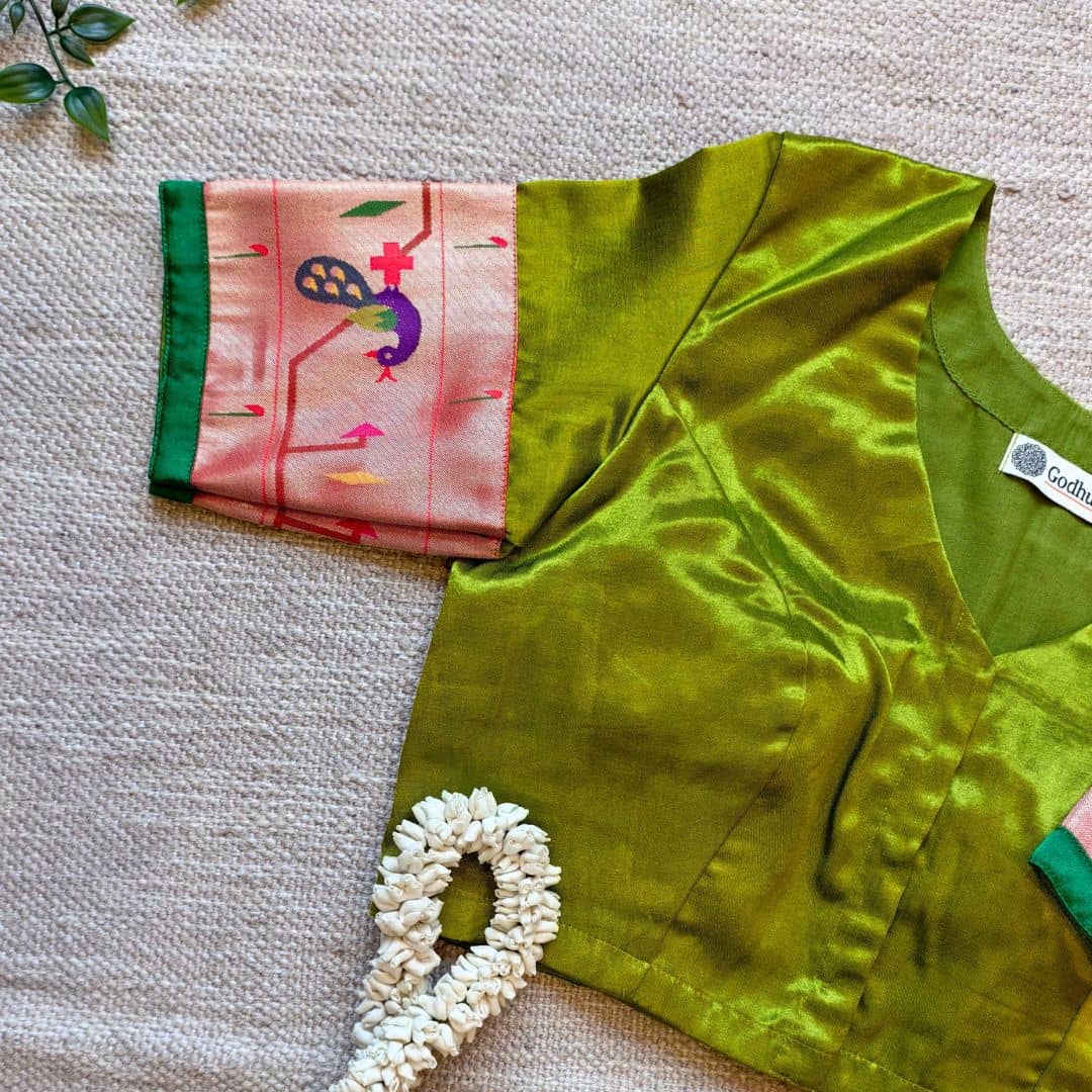 Parrot Green Gaji Silk Paithani Border Sleeves Readymade Blouse | Godhuli