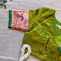 Parrot Green Gaji Silk Paithani Border Sleeves Readymade Blouse | Godhuli