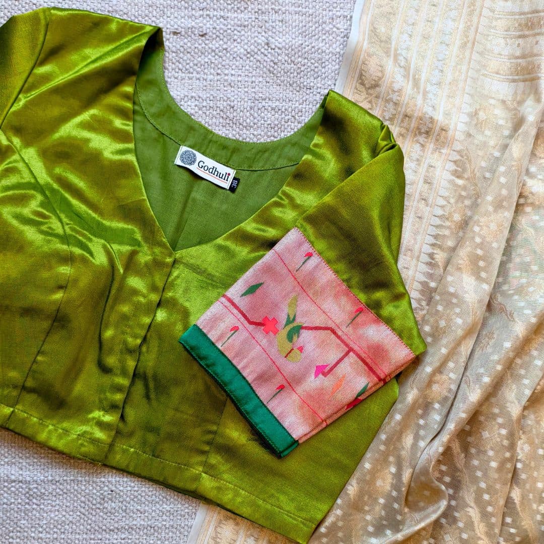 Parrot Green Gaji Silk Paithani Border Sleeves Readymade Blouse | Godhuli