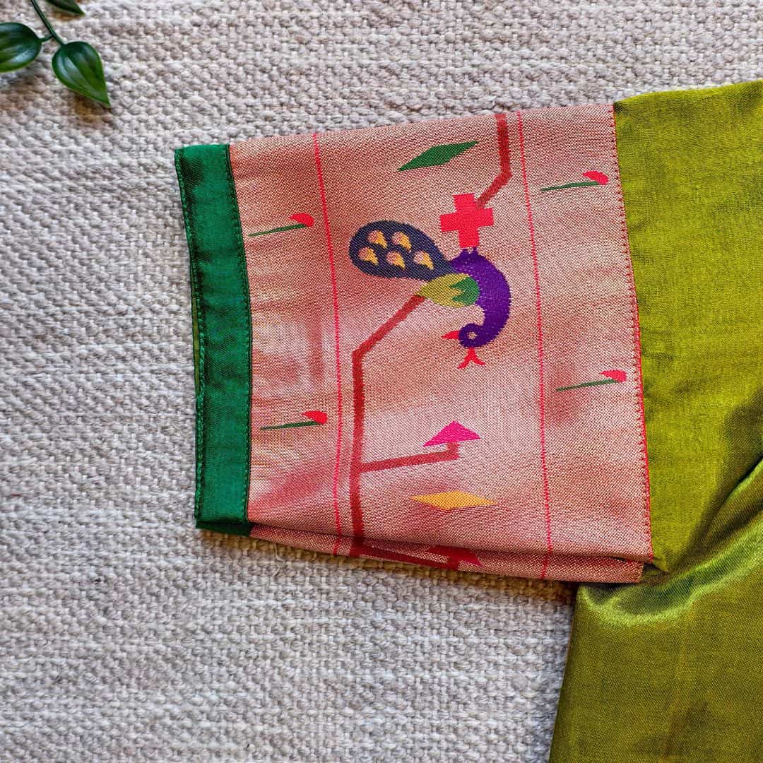 Parrot Green Gaji Silk Paithani Border Sleeves Readymade Blouse | Godhuli