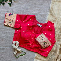 Red Paithani Parrot Peacock Border Sleeves Readymade Blouse | Godhuli