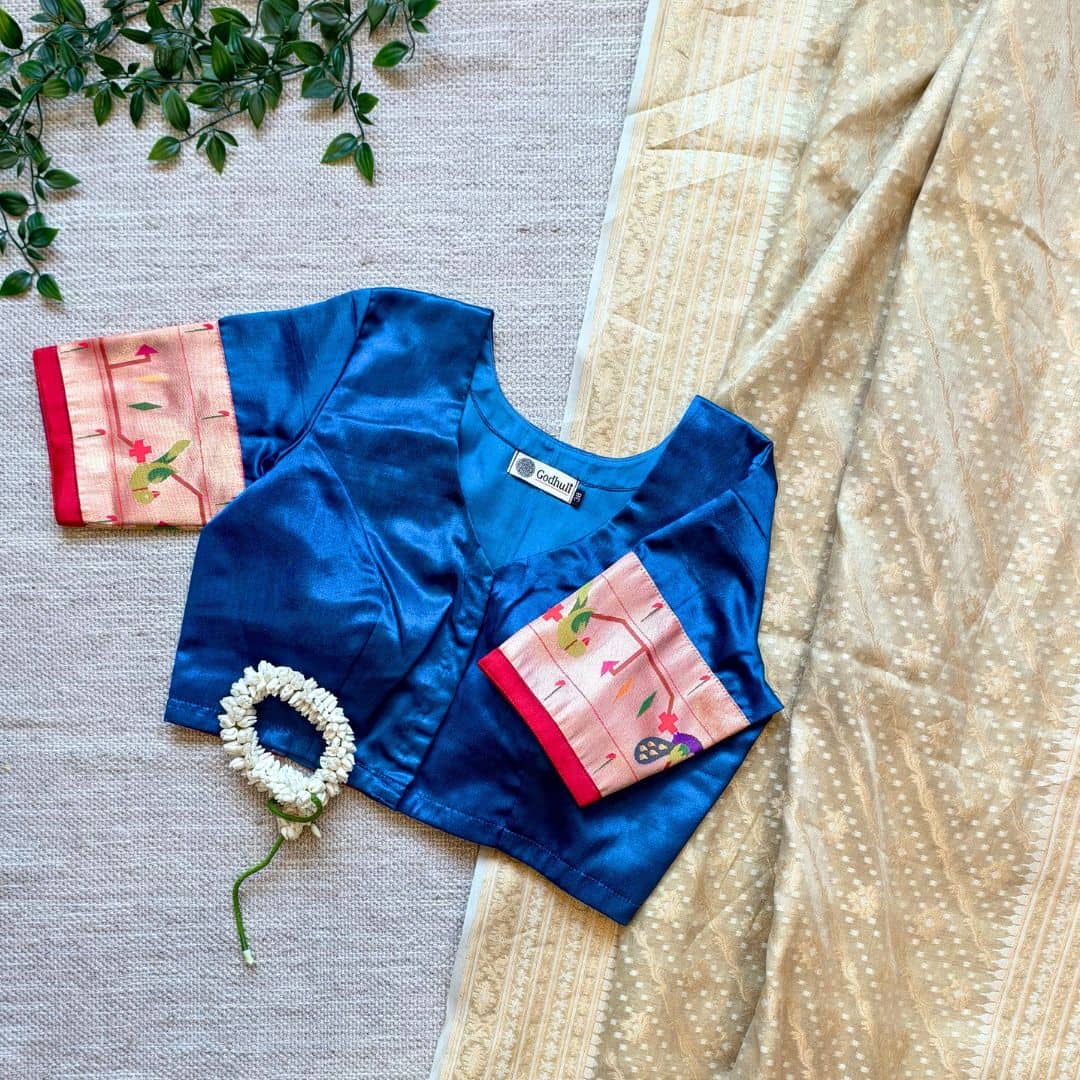 Teal Blue Gaji Silk Paithani Border Sleeves Readymade Blouse | Godhuli