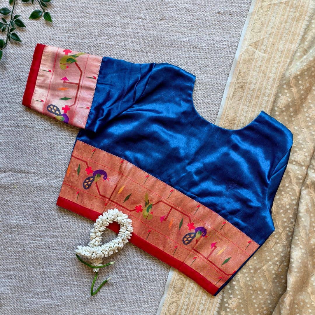 Teal Blue Gaji Silk Paithani Border Sleeves Readymade Blouse | Godhuli