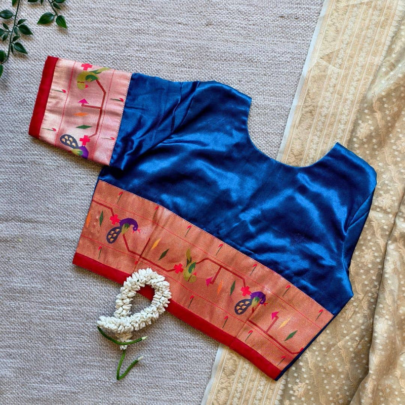 Teal Blue Gaji Silk Paithani Border Sleeves Readymade Blouse | Godhuli
