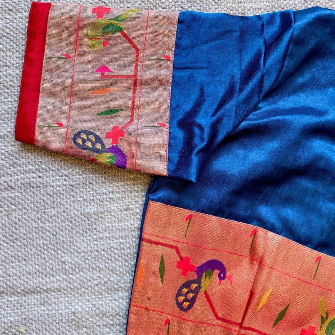 Teal Blue Gaji Silk Paithani Border Sleeves Readymade Blouse | Godhuli