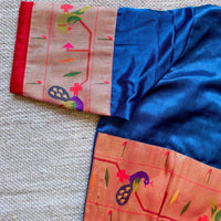 Teal Blue Gaji Silk Paithani Border Sleeves Readymade Blouse | Godhuli