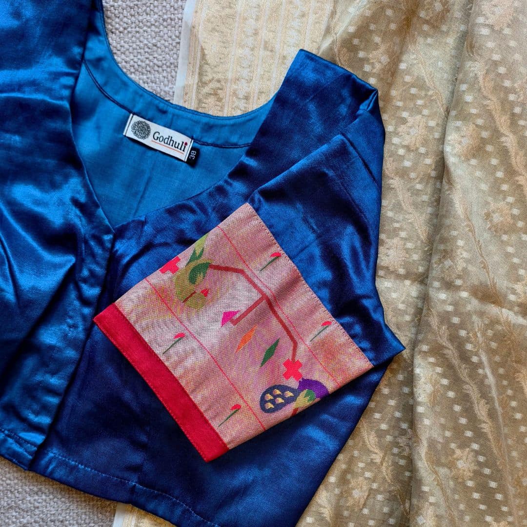 Teal Blue Gaji Silk Paithani Border Sleeves Readymade Blouse | Godhuli