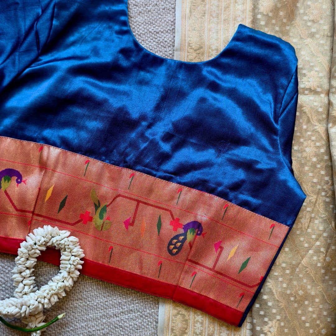 Teal Blue Gaji Silk Paithani Border Sleeves Readymade Blouse | Godhuli