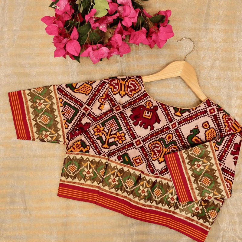 Beige Maroon Nari Kunjar Patola Design Readymade Blouse | Godhuli