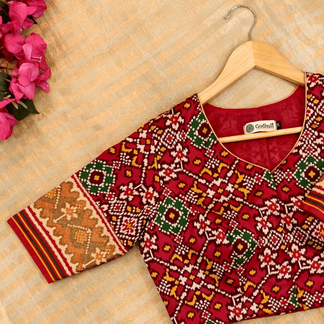 Red Navratan Design Patola Readymade Blouse | Godhuli