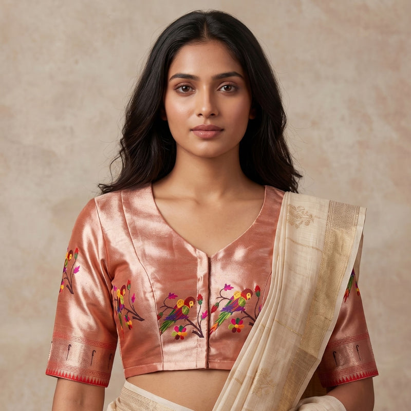 Golden Red Parrot Motif Paithani Readymade Blouse | Godhuli