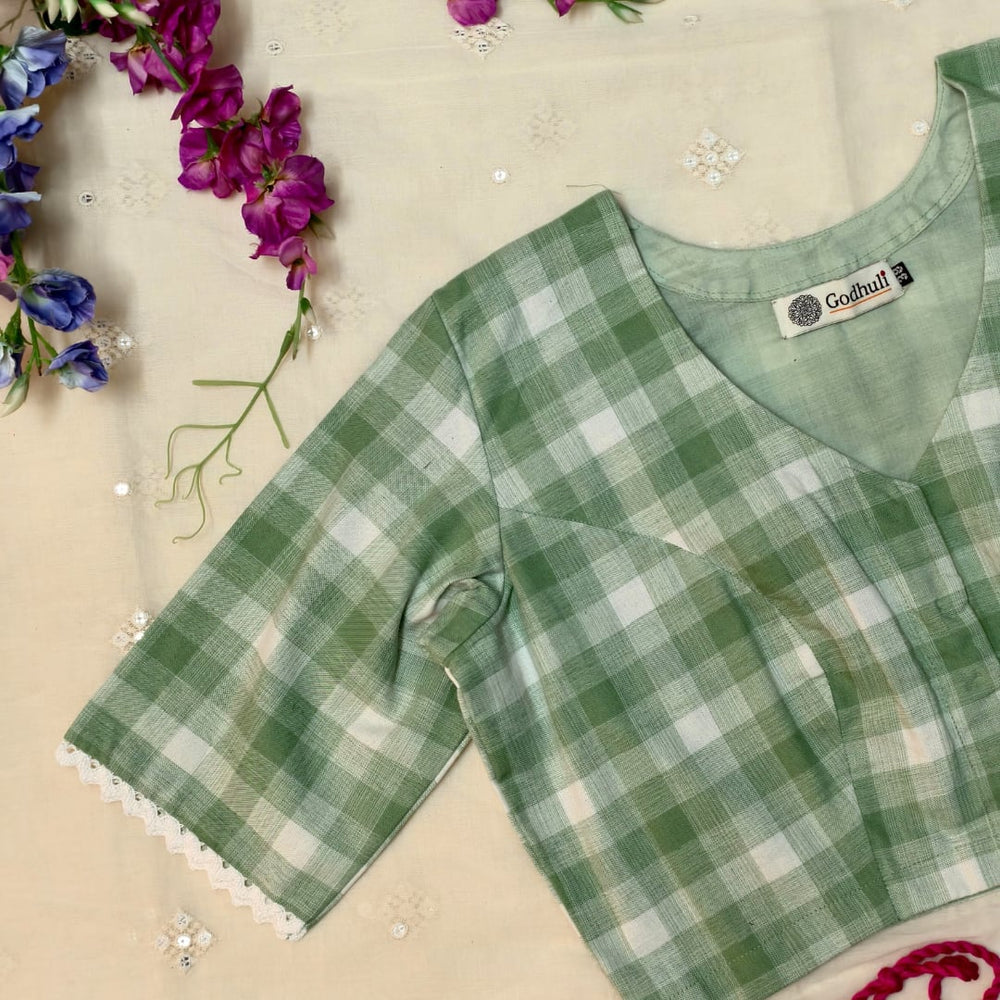 Olive green and white Checks Readymade Blouse | Godhuli