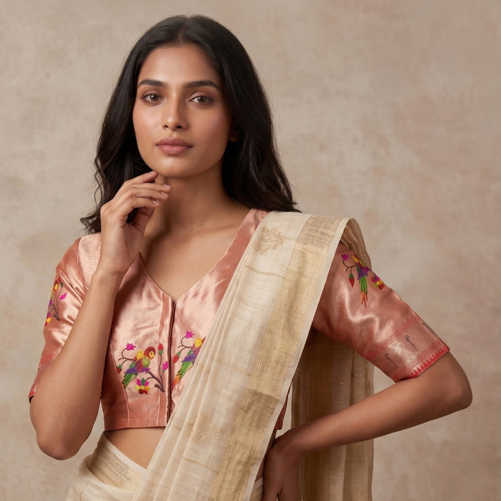 Golden Red Parrot Motif Paithani Readymade Blouse | Godhuli
