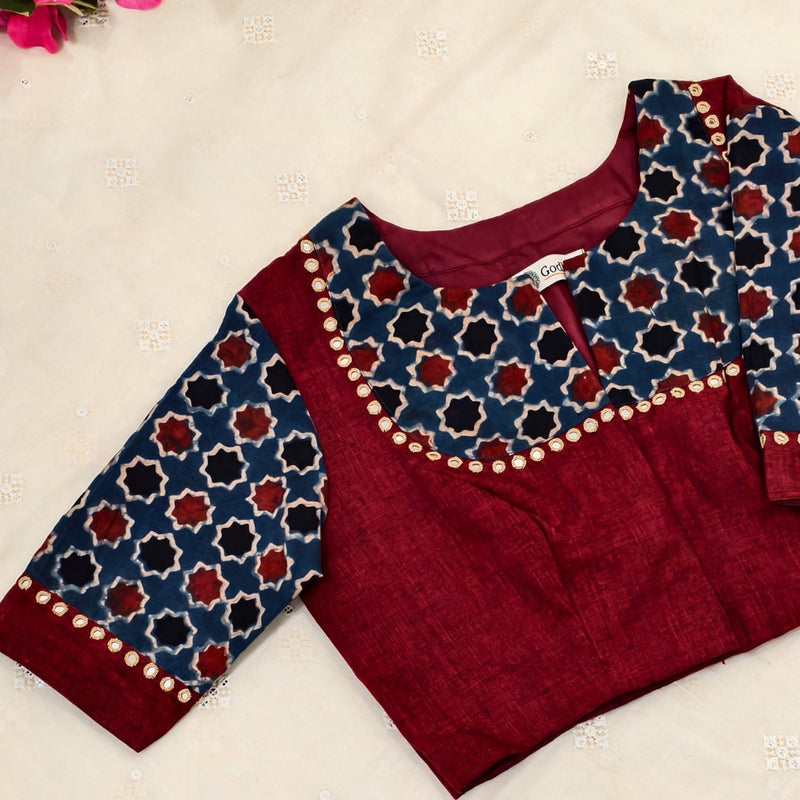 Marron Indigo Mughal Print Ajrakh Mirrorwork Readymade Blouse | Godhuli