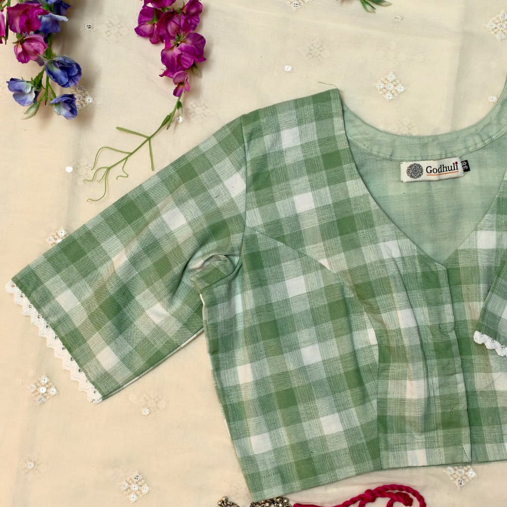 Olive green and white Checks Readymade Blouse | Godhuli