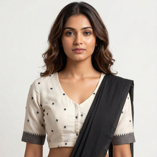 Off White Jacquard Dot Readymade Blouse | Godhuli