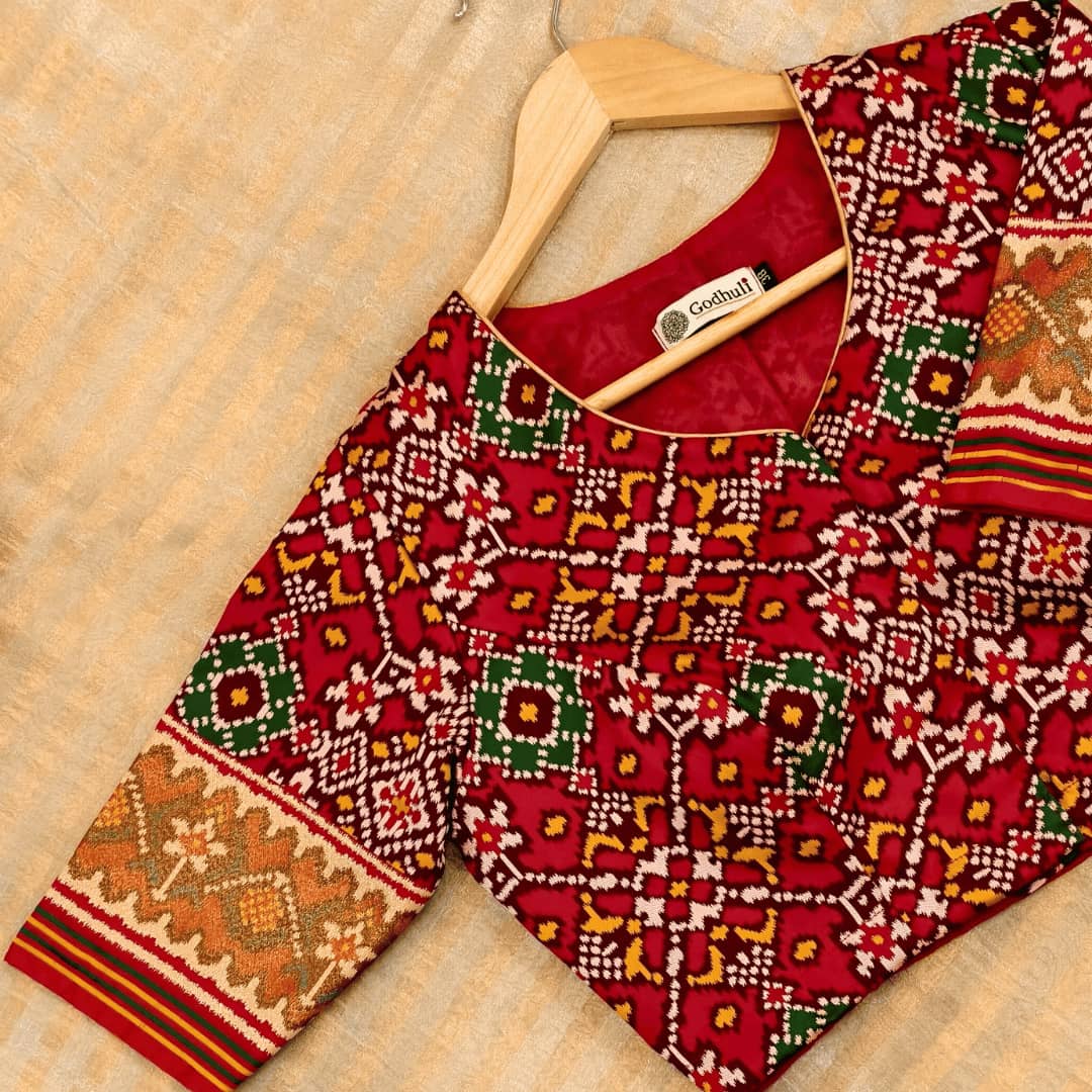 Red Navratan Design Patola Readymade Blouse | Godhuli
