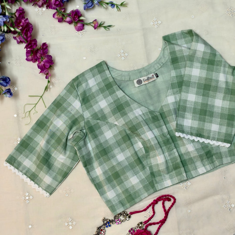 Olive green and white Checks Readymade Blouse | Godhuli