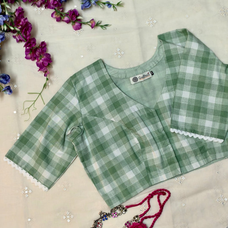 Olive green and white Checks Readymade Blouse | Godhuli