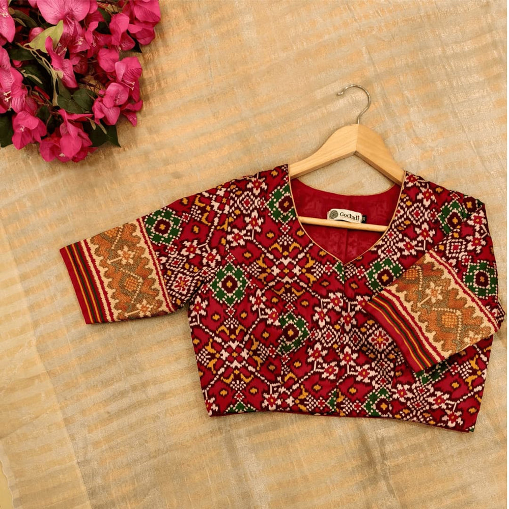 Red Navratan Design Patola Readymade Blouse | Godhuli