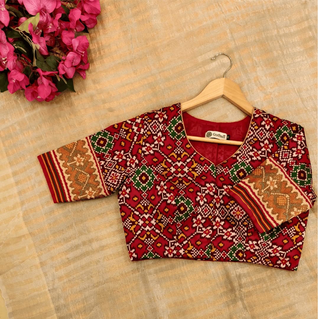 Red Navratan Design Patola Readymade Blouse | Godhuli