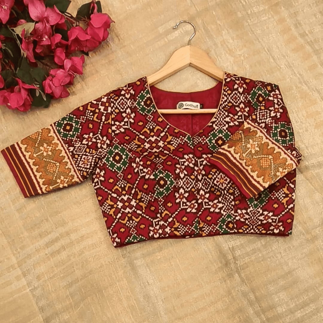 Red Navratan Design Patola Readymade Blouse | Godhuli