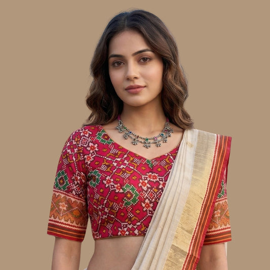 Red Navratan Design Patola Readymade Blouse | Godhuli