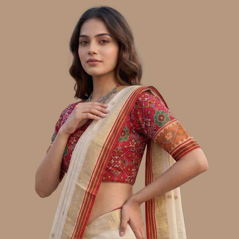 Red Navratan Design Patola Readymade Blouse | Godhuli