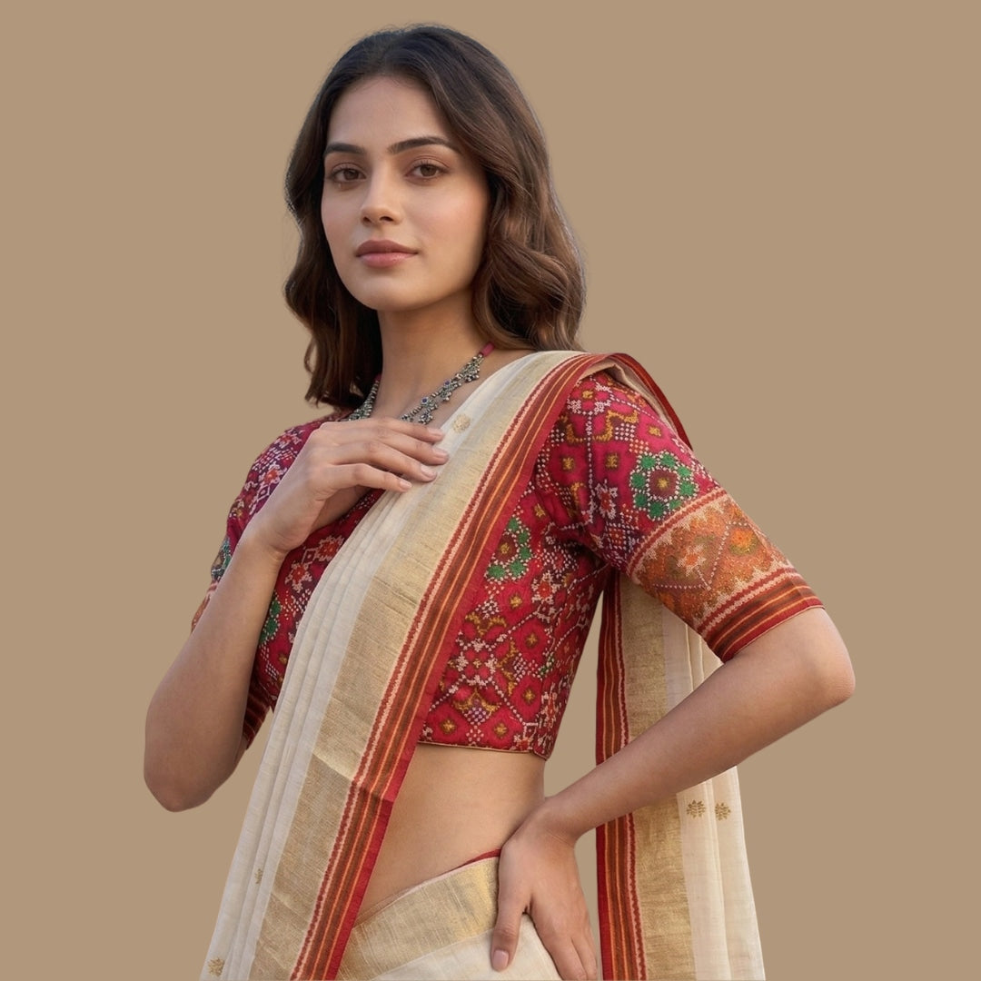 Red Navratan Design Patola Readymade Blouse | Godhuli