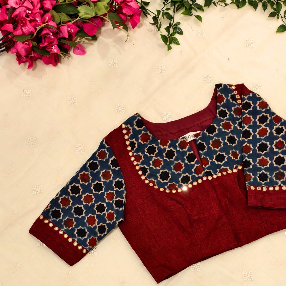 Marron Indigo Mughal Print Ajrakh Mirrorwork Readymade Blouse | Godhuli