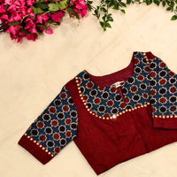 Marron Indigo Mughal Print Ajrakh Mirrorwork Readymade Blouse | Godhuli