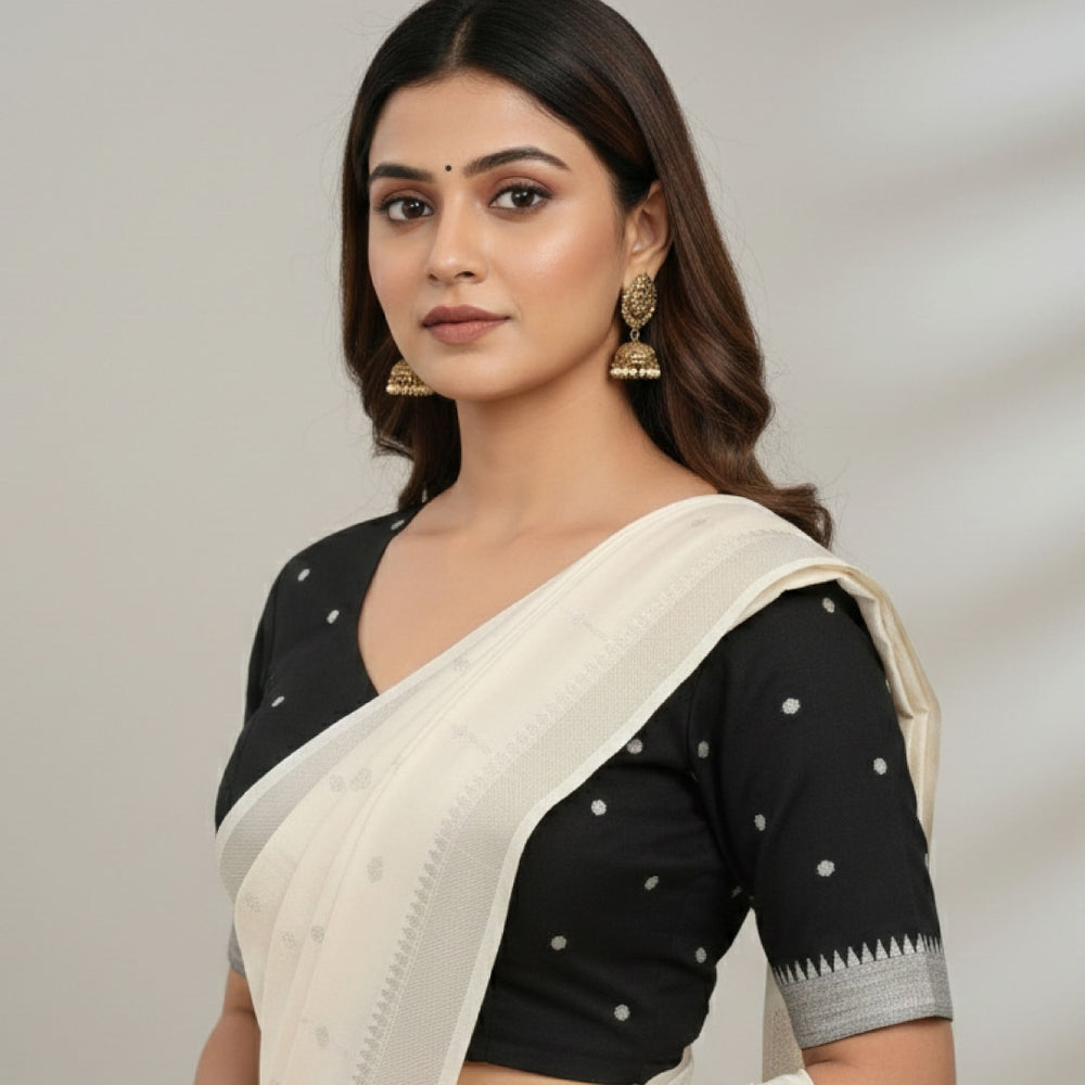 Black Jacquard Dot Readymade Blouse | Godhuli