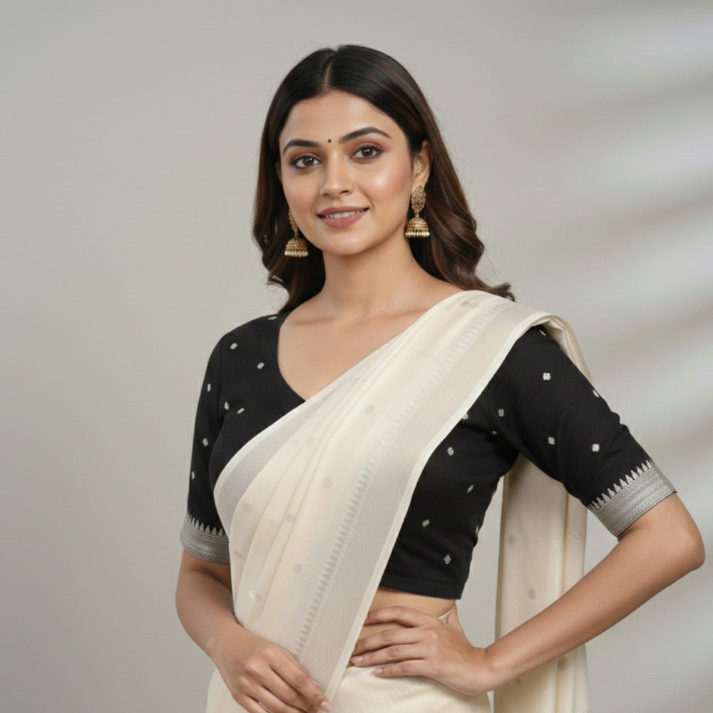 Black Jacquard Dot Readymade Blouse | Godhuli