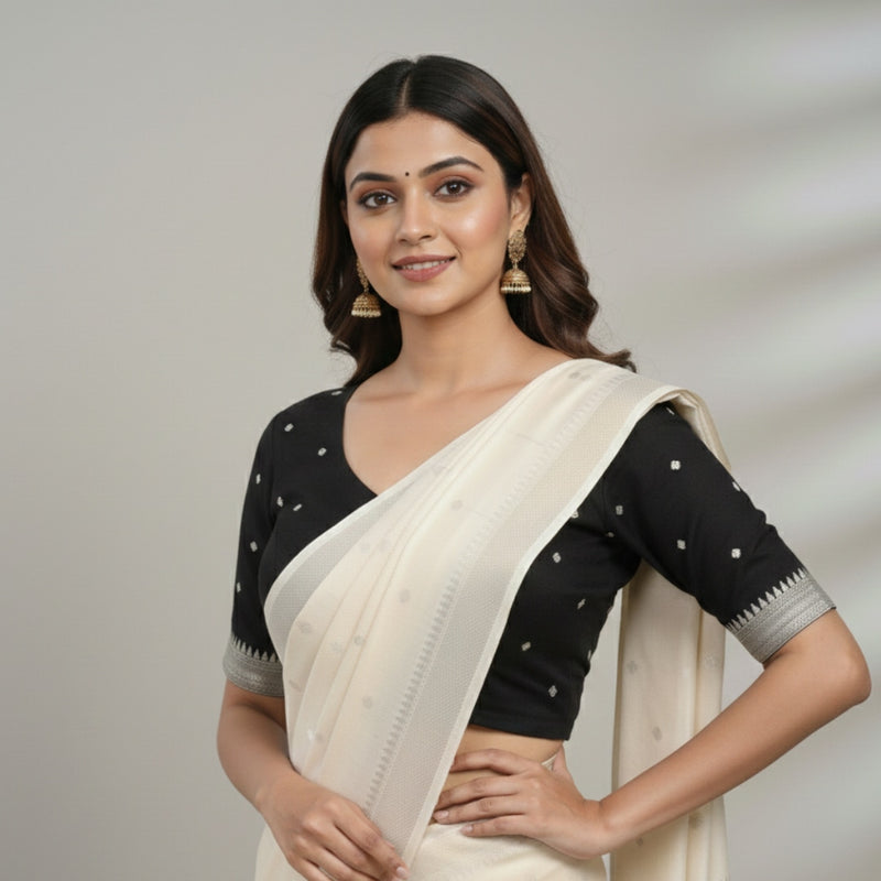 Black Jacquard Dot Readymade Blouse | Godhuli