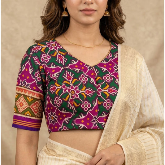 Rani Green Navratan Design Patola Readymade Blouse | Godhuli
