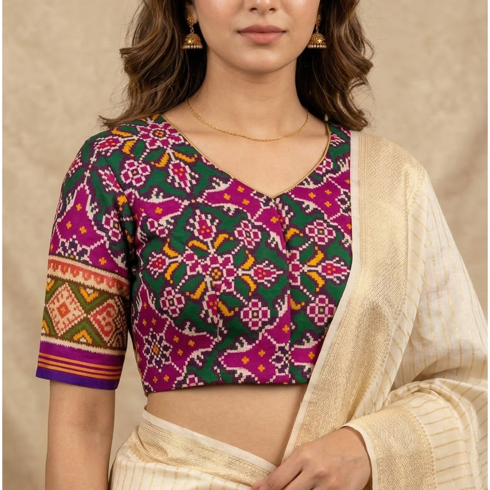 Rani Green Navratan Design Patola Readymade Blouse | Godhuli