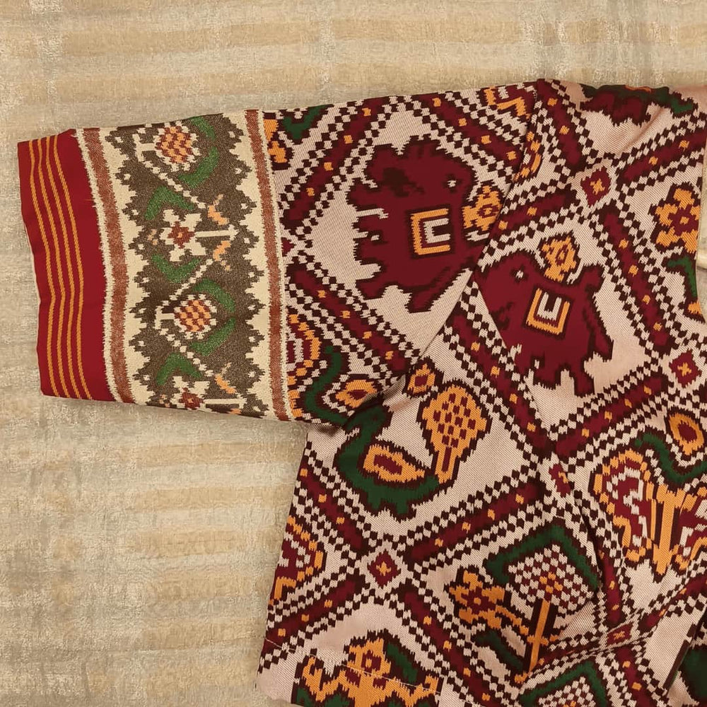 Beige Maroon Nari Kunjar Patola Design Readymade Blouse | Godhuli