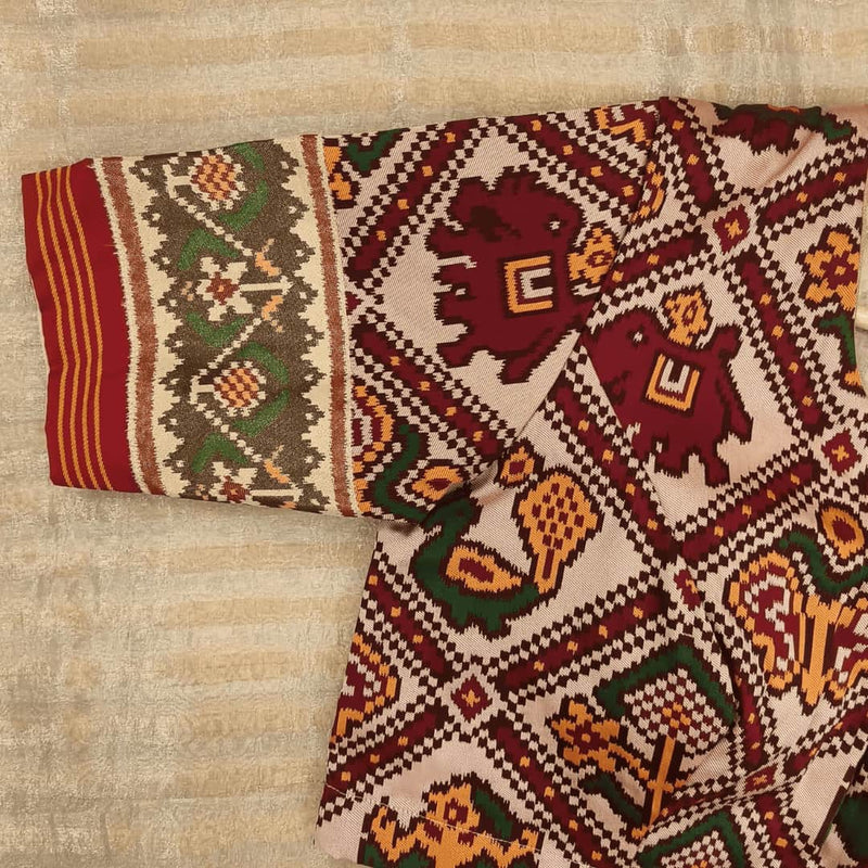 Beige Maroon Nari Kunjar Patola Design Readymade Blouse | Godhuli