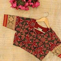 Red Green Yellow Navratan Design Patola Readymade Blouse | Godhuli