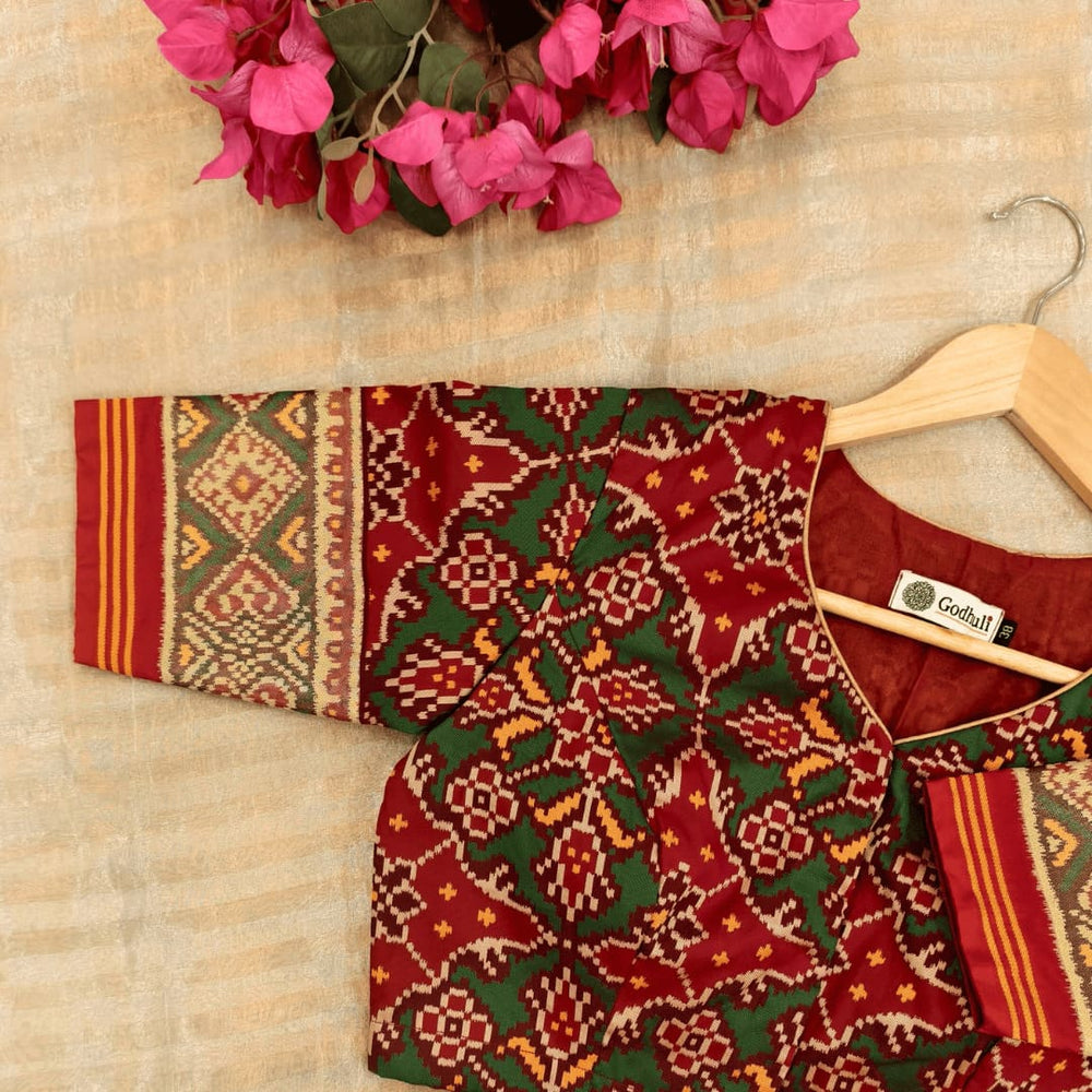 Red Green Yellow Navratan Design Patola Readymade Blouse | Godhuli