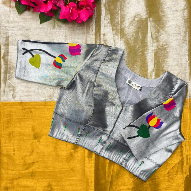 Silver Grey Lotus Paithani Readymade Blouse | Godhuli