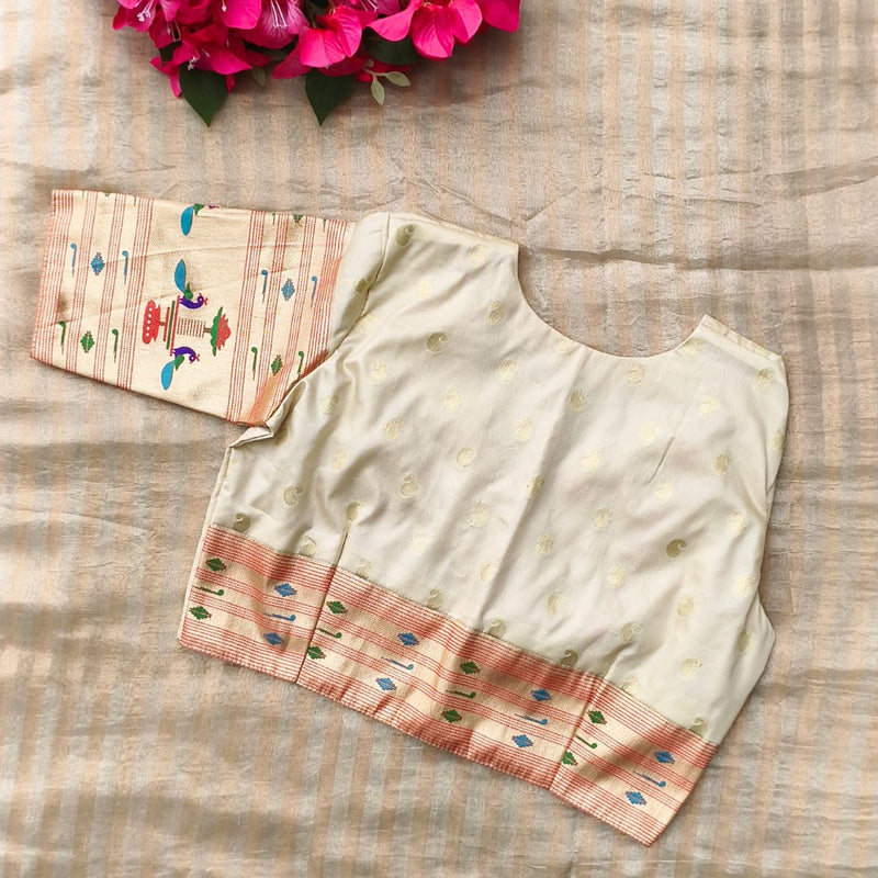 Cream Paithani Peacock Border Sleeves Readymade Blouse | Godhuli