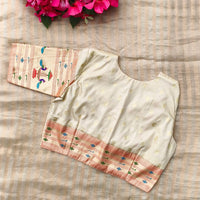 Cream Paithani Peacock Border Sleeves Readymade Blouse | Godhuli