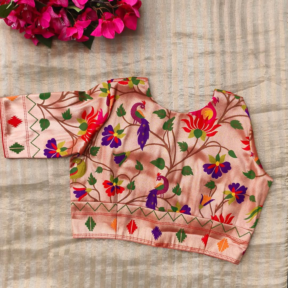 Golden Red Floral Jaal Motif Paithani Readymade Blouse | Godhuli