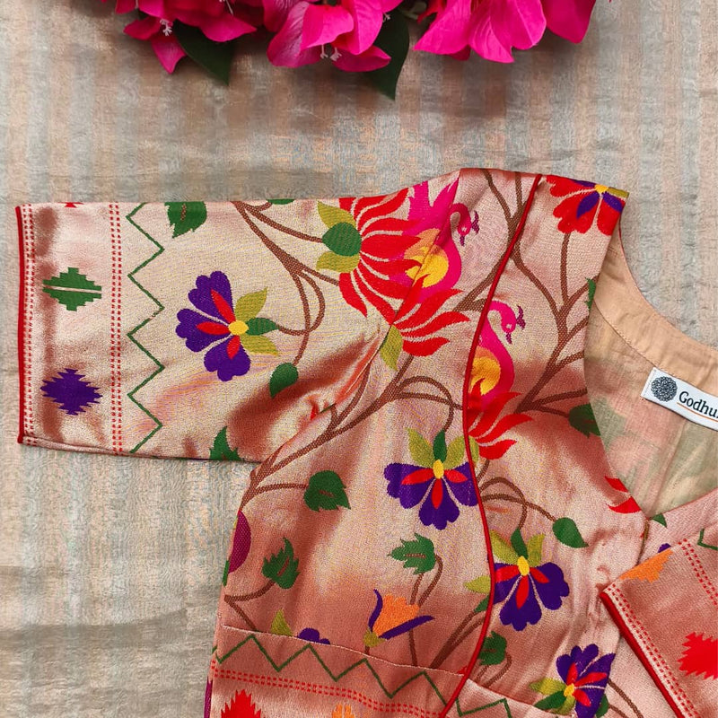 Golden Red Floral Jaal Motif Paithani Readymade Blouse | Godhuli