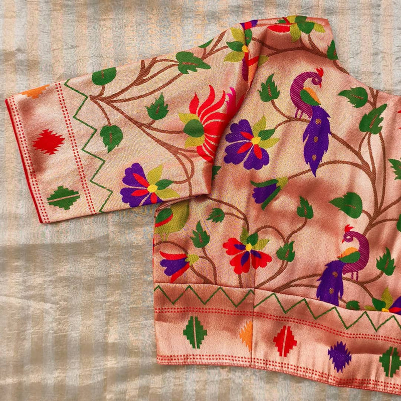 Golden Red Floral Jaal Motif Paithani Readymade Blouse | Godhuli